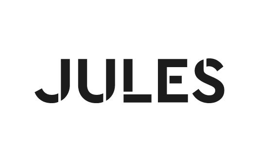 "JULES" in a bold geometric font with stylized cutouts on the letters.
